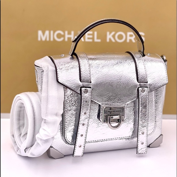 Michael Kors Manhattan Medium Red Leather Satchel Crossbody Bag Silver - Picture 4 of 11